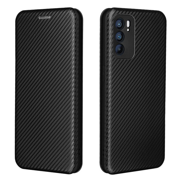 OPPO Reno6 Carbon Fiber Texture Magnetic Horizontal Flip TPU + PC + PU Leather Case with Card Slot(Black)