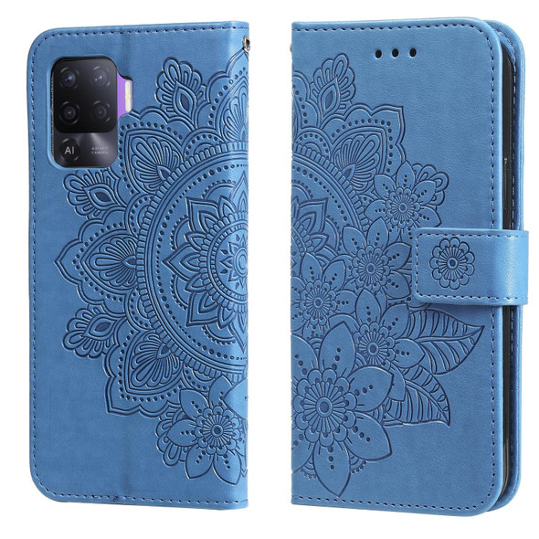 OPPO A94 4G / F19 Pro / Reno5 F / Reno5 Lite 7-petal Flowers Embossing Pattern Horizontal Flip PU Leather Case with Holder & Card Slots & Wallet & Photo Frame(Blue)