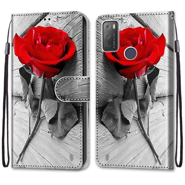 Alcatel 3L 2021 Coloured Drawing Cross Texture Horizontal Flip PU Leatherette Case with Holder & Card Slots & Wallet & Lanyard(Wood Red Rose)