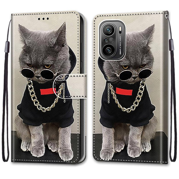 Xiaomi Redmi K40 / K40 Pro / K40 Pro+ Coloured Drawing Cross Texture Horizontal Flip PU Leather Case with Holder & Card Slots & Wallet & Lanyard(Golden Chain Grey Cat)