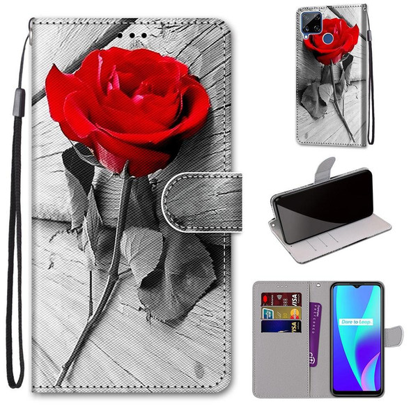 OPPO Realme C15 / C12 / C25 / 7i (Global) / Narzo 20 / 30A Coloured Drawing Cross Texture Horizontal Flip PU Leather Case with Holder & Card Slots & Wallet & Lanyard(Wood Red Rose)