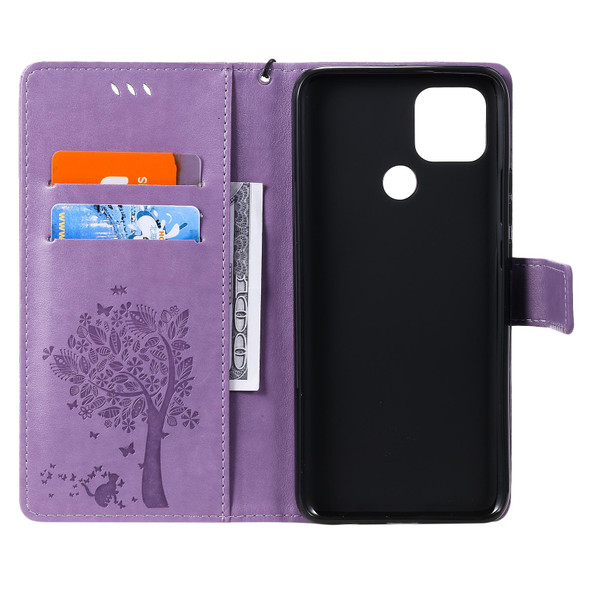 OPPO A15 Tree & Cat Pattern Pressed Printing Horizontal Flip PU Leather Case with Holder & Card Slots & Wallet & Lanyard(Light Purple)