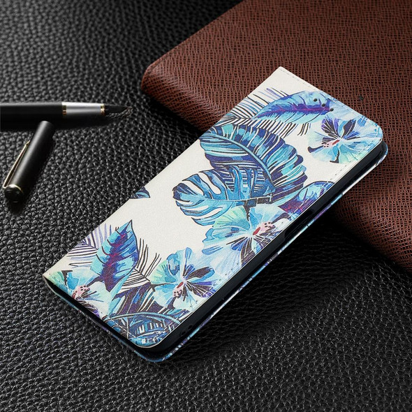 OPPO A52 / A72 5G Colored Drawing Pattern Invisible Magnetic Horizontal Flip PU Leather Case with Holder & Card Slots & Wallet(Blue Leaf)