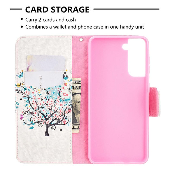 Samsung Galaxy S21 5G Colored Drawing Pattern Horizontal Flip Leather Case with Holder & Card Slots & Wallet(Little Tree)