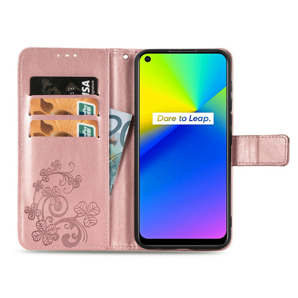 Four-leaf Clasp Embossed Buckle Mobile Phone Protection Leather Case with Lanyard & Card Slot & Wallet & Bracket Function - OPPO Realme 7i / C17(Rose Gold)