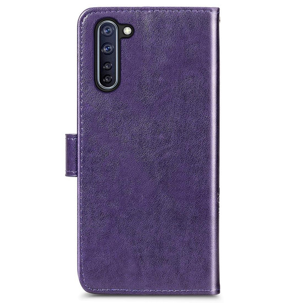 OPPO Reno 3A Four-leaf Clasp Embossed Buckle Mobile Phone Protection Leather Case with Lanyard & Card Slot & Wallet & Bracket Function(Purple)