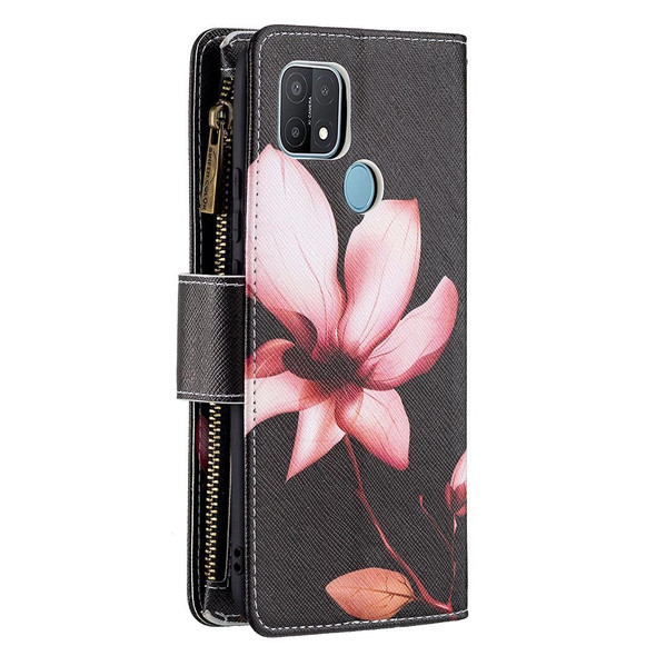 OPPO A15 Colored Drawing Pattern Zipper Horizontal Flip Leather Case with Holder & Card Slots & Wallet(Lotus)