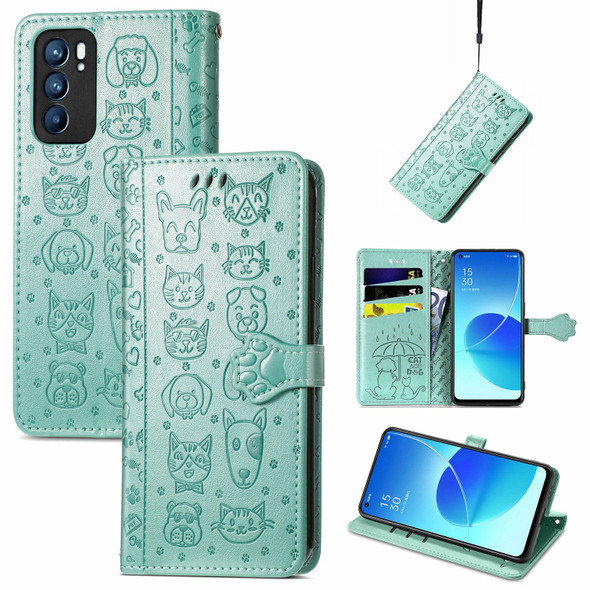 OPPO Reno6 5G Cute Cat and Dog Embossed Horizontal Flip Leather Case with Holder & Card Slots & Wallet & Lanyard(Green)