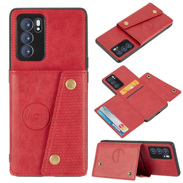 OPPO Reno6 Pro 5G Double Buckle PU + TPU Shockproof Magnetic Protective Case with Card Slot & Holder(Red)