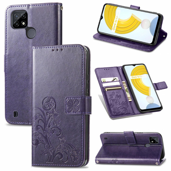 OPPO Realme C21 Four-leaf Clasp Embossed Buckle Mobile Phone Protection Leather Case with Lanyard & Card Slot & Wallet & Bracket Function(Purple)