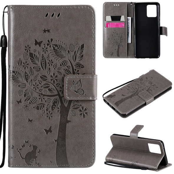 OPPO Realme 8 4G / Realme 8 Pro 4G Tree & Cat Pattern Pressed Printing Horizontal Flip PU Leather Case with Holder & Card Slots & Wallet & Lanyard(Gray)