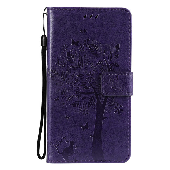 OPPO Realme 8 4G / Realme 8 Pro 4G Tree & Cat Pattern Pressed Printing Horizontal Flip PU Leather Case with Holder & Card Slots & Wallet & Lanyard(Purple)