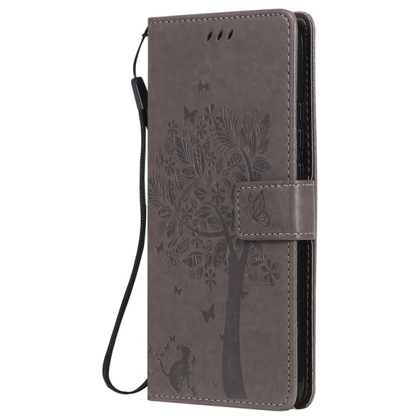 OPPO A15 Tree & Cat Pattern Pressed Printing Horizontal Flip PU Leather Case with Holder & Card Slots & Wallet & Lanyard(Gray)