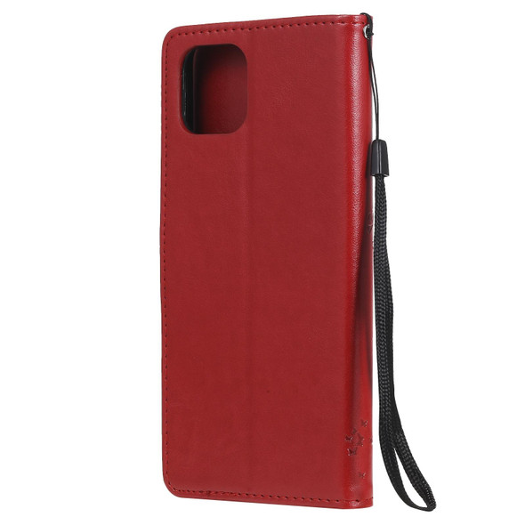 OPPO A73 5G Tree & Cat Pattern Pressed Printing Horizontal Flip PU Leather Case with Holder & Card Slots & Wallet & Lanyard(Red)