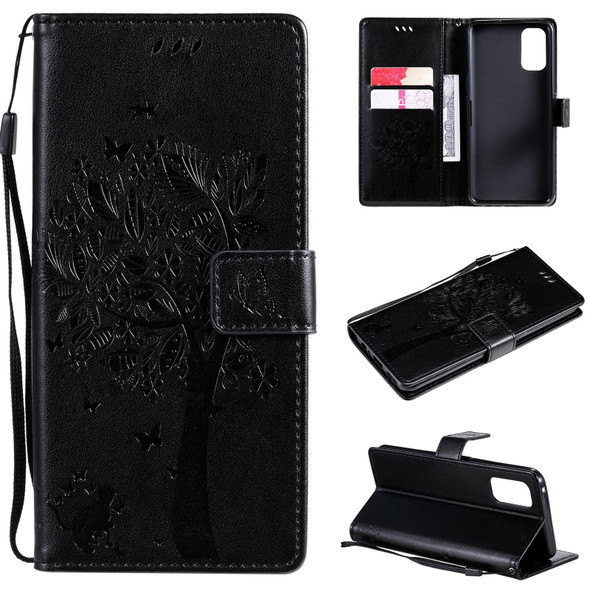 OPPO Realme 7 Pro Tree & Cat Pattern Pressed Printing Horizontal Flip PU Leather Case with Holder & Card Slots & Wallet & Lanyard(Black)