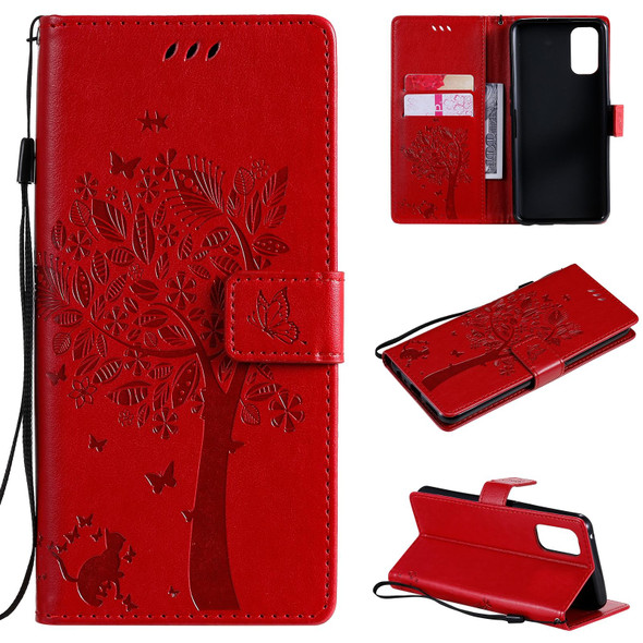 OPPO Realme 7 Pro Tree & Cat Pattern Pressed Printing Horizontal Flip PU Leather Case with Holder & Card Slots & Wallet & Lanyard(Red)