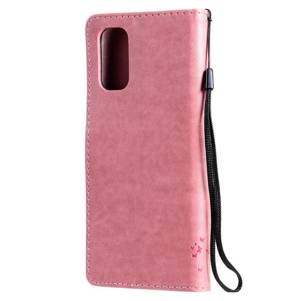 OPPO Realme 7 Pro Tree & Cat Pattern Pressed Printing Horizontal Flip PU Leather Case with Holder & Card Slots & Wallet & Lanyard(Pink)