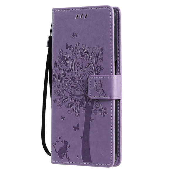 OPPO Realme 7 Tree & Cat Pattern Pressed Printing Horizontal Flip PU Leather Case with Holder & Card Slots & Wallet & Lanyard(Light Purple)