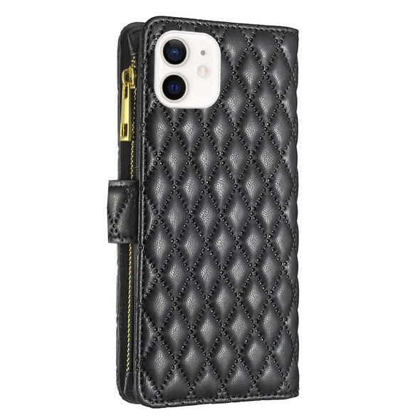 Diamond Lattice Zipper Wallet Leatherette Flip Phone Case - iPhone 12 mini(Black)