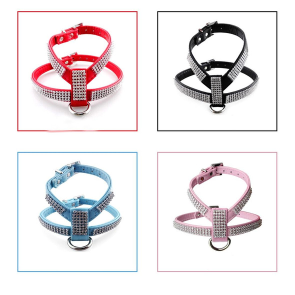 Rhinestone PU Soft Breathable Dog Harness Pet Vest Dog Chest Strap Leash Dog Collar, Size: L (Black)