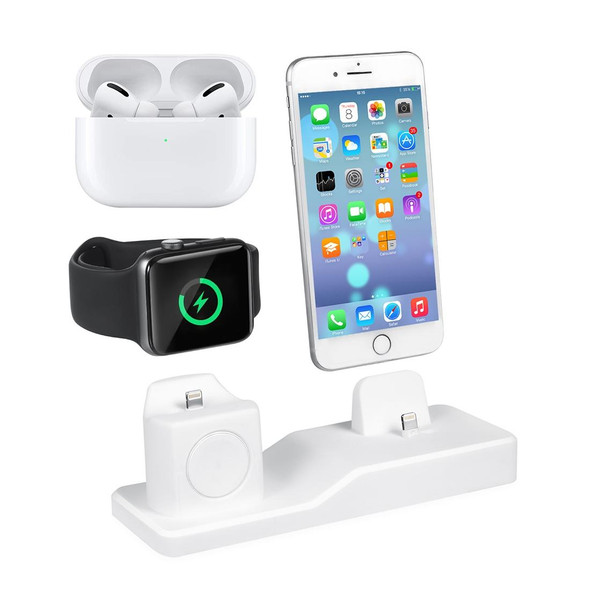 3 in 1 Silicone Charging Dock for AirPods Pro & Apple Watch & iPhone, with Bracket Funtcion(White)