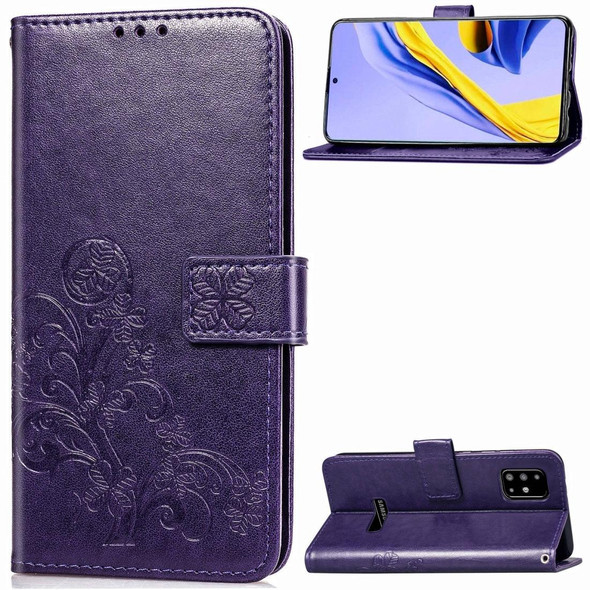 Galaxy A51 Four-leaf Clasp Embossed Buckle Mobile Phone Protection Leather Case with Lanyard & Card Slot & Wallet & Bracket Function(Purple)