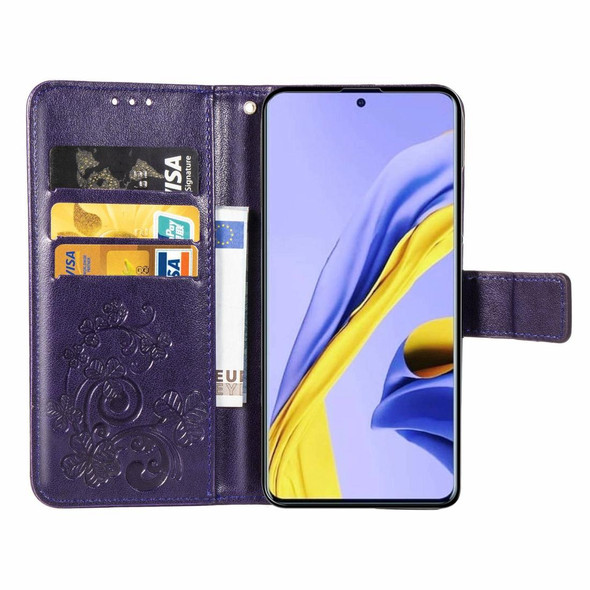 Galaxy A51 Four-leaf Clasp Embossed Buckle Mobile Phone Protection Leather Case with Lanyard & Card Slot & Wallet & Bracket Function(Purple)