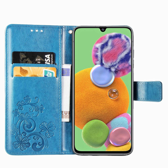 Galaxy A90 5G Four-leaf Clasp Embossed Buckle Mobile Phone Protection Leather Case with Lanyard & Card Slot & Wallet & Bracket Function(Blue)