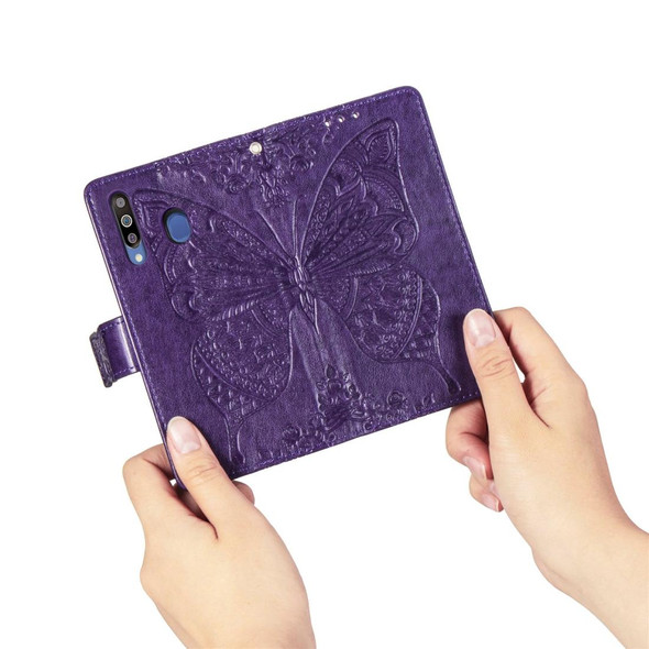 Butterfly Love Flowers Embossing Horizontal Flip Leatherette Case - Galaxy M30 with Holder & Card Slots & Wallet & Lanyard(Dark purple)