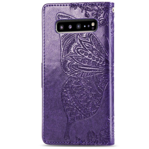 Butterfly Love Flowers Embossing Horizontal Flip Leatherette Case - Galaxy S10 5G with Holder & Card Slots & Wallet & Lanyard(Dark purple)