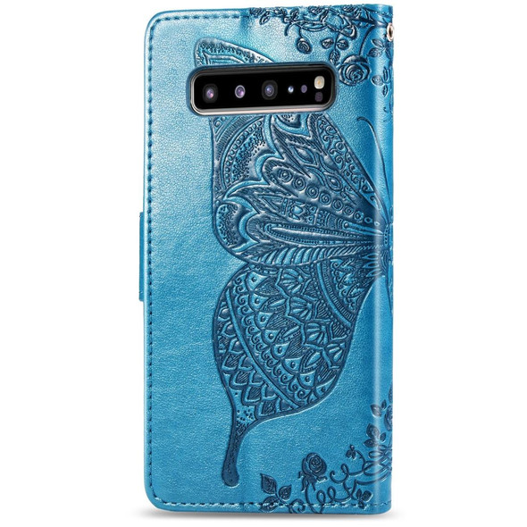 Butterfly Love Flowers Embossing Horizontal Flip Leatherette Case - Galaxy S10 5G with Holder & Card Slots & Wallet & Lanyard(Blue)