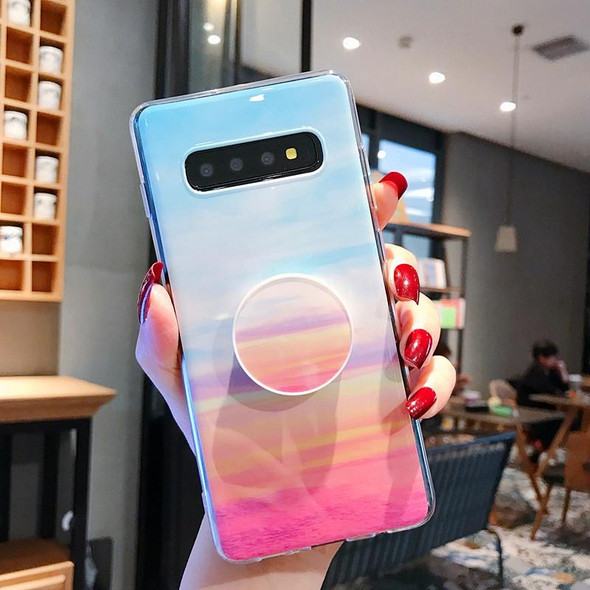 Marble Strip TPU Protection Back Cover Case for Galaxy S10+, with Holder(Sky Blue)