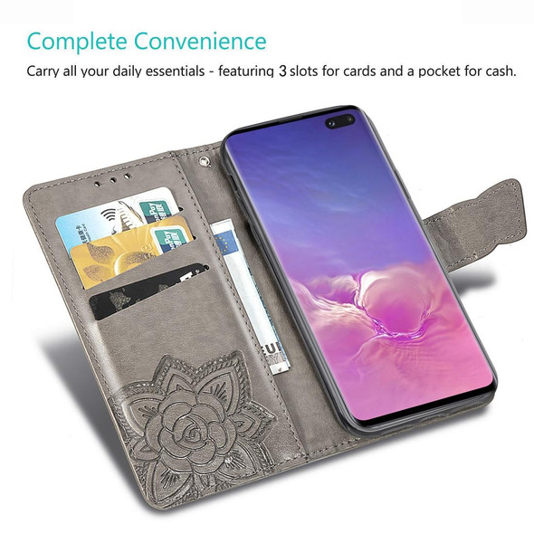 Butterfly Love Flowers Embossing Horizontal Flip Leatherette Case for Galaxy S10+, with Holder & Card Slots & Wallet & Lanyard (Black)