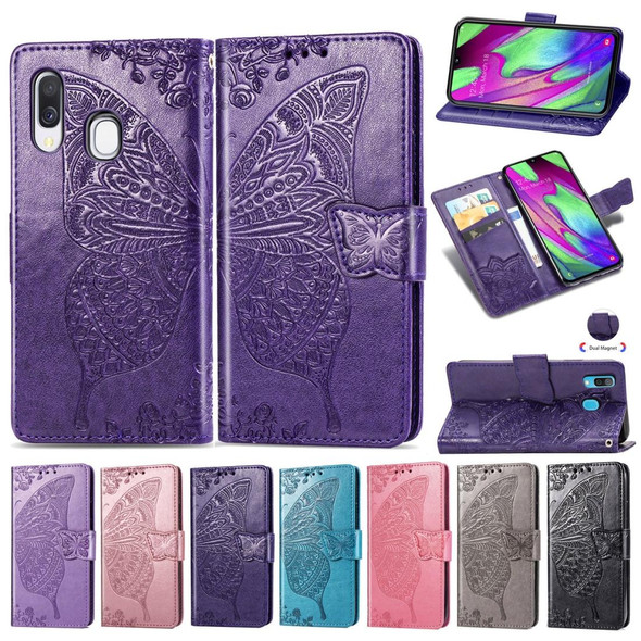 Butterfly Love Flowers Embossing Horizontal Flip Leatherette Case for Galaxy A40, with Holder & Card Slots & Wallet & Lanyard (Black)