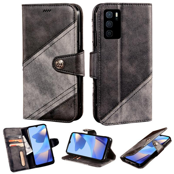 OPPO A16 Contrast Color Splicing Retro Texture Horizontal Flip PU Leather Case with Card Slots & Holder & Wallet(Black)