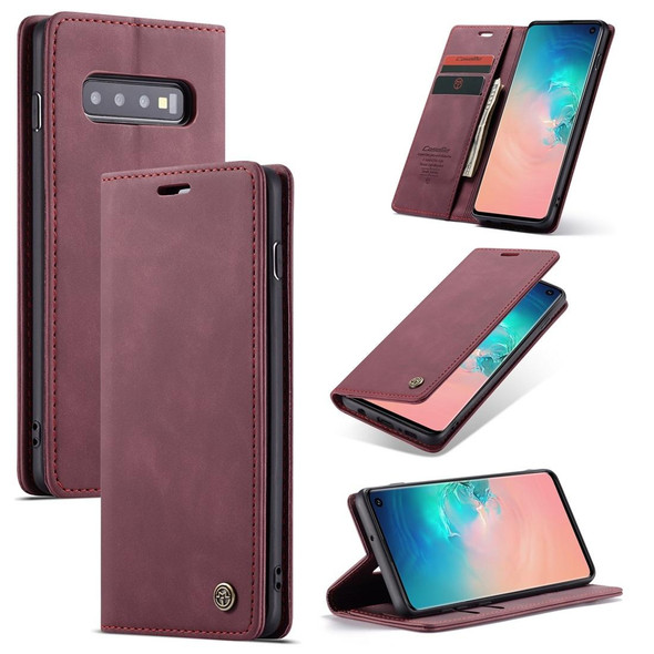 CaseMe-013 Multifunctional Retro Frosted Horizontal Flip Leatherette Case for Galaxy S10, with Card Slot & Holder & Wallet (Wine Red)