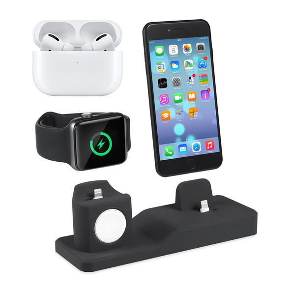 3 in 1 Silicone Charging Dock for AirPods Pro & Apple Watch & iPhone, with Bracket Funtcion(Black)