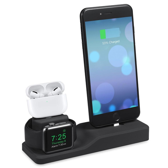 3 in 1 Silicone Charging Dock for AirPods Pro & Apple Watch & iPhone, with Bracket Funtcion(Black)