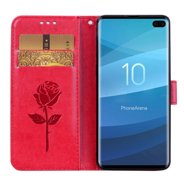 Rose Embossed Horizontal Flip PU Leather Case for Galaxy S10 Plus, with Holder & Card Slots & Wallet (Red)