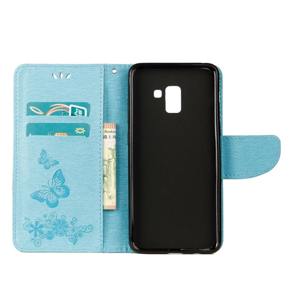 Galaxy A8+ (2018) Vintage Embossed Floral Butterfly Pattern Horizontal Flip Leather Case with Card Slot & Holder & Wallet & Lanyard(Blue)