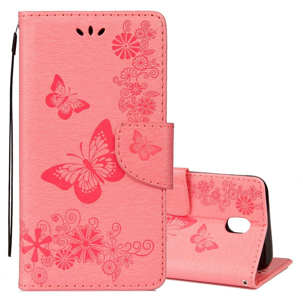 Galaxy J7 (2017) (EU Version) Pressed Flowers Butterfly Pattern Horizontal Flip Leather Case with Holder & Card Slots & Wallet & Lanyard (Pink)