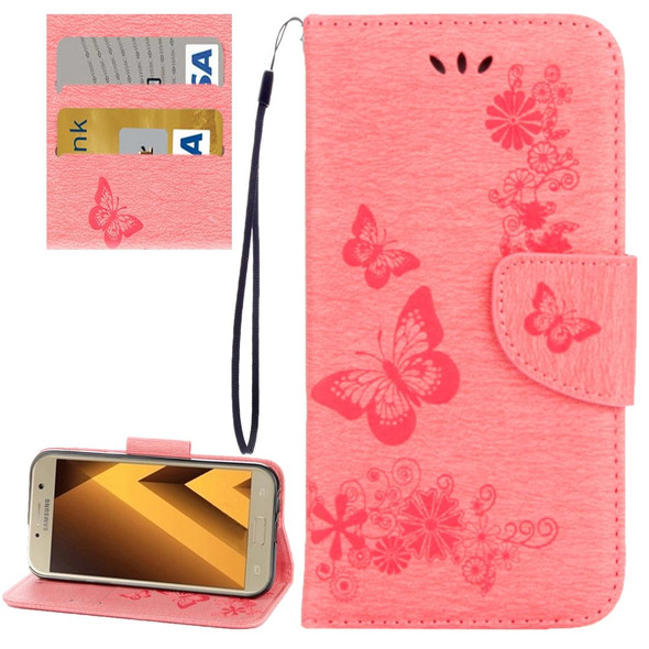 Galaxy A5 (2017) / A520 Butterflies Embossing Horizontal Flip Leather Case with Holder & Card Slots & Wallet & Lanyard (Pink)