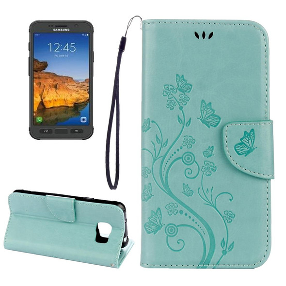 Galaxy S7 Active Pressed Flowers Butterfly Pattern Horizontal Flip Leather Case with Holder & Card Slots & Wallet & Lanyard(Baby Blue)