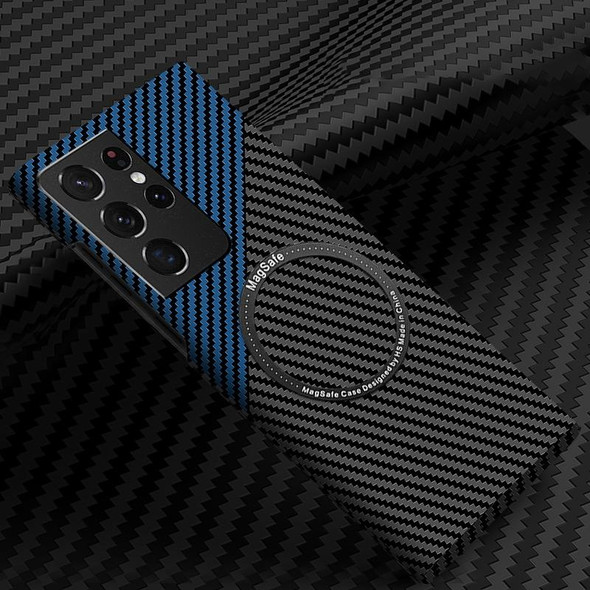 Samsung Galaxy S21 Ultra 5G Carbon Fiber Texture MagSafe Magnetic Phone Case(Black Blue)