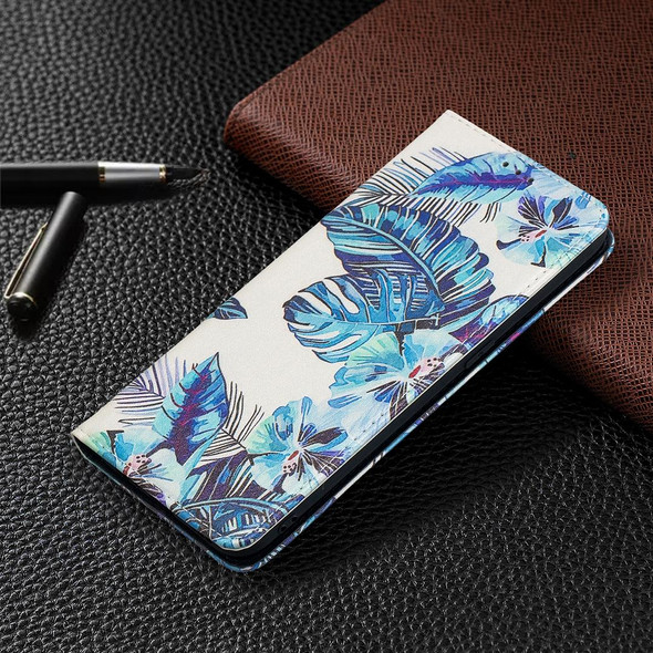 OPPO A31 (2020) Colored Drawing Pattern Invisible Magnetic Horizontal Flip PU Leather Case with Holder & Card Slots & Wallet(Blue Leaf)