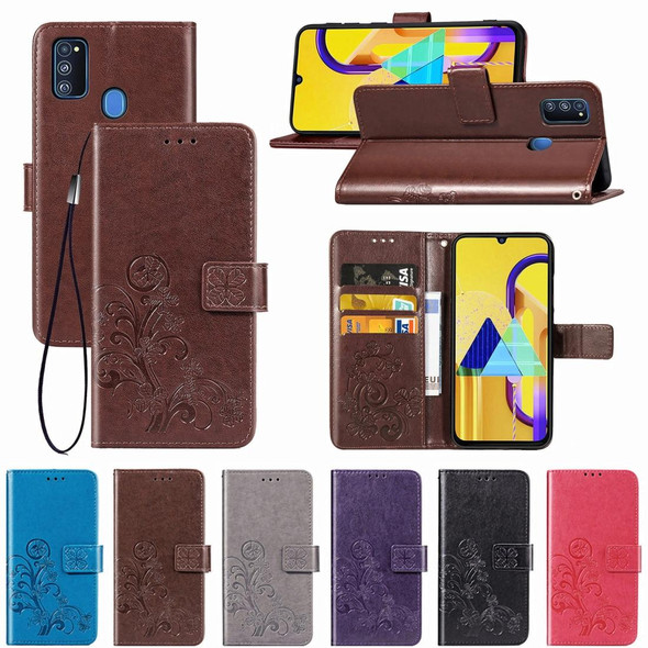 Galaxy M30 Four-leaf Clasp Embossed Buckle Mobile Phone Protection Leather Case with Lanyard & Card Slot & Wallet & Bracket Function(Purple)
