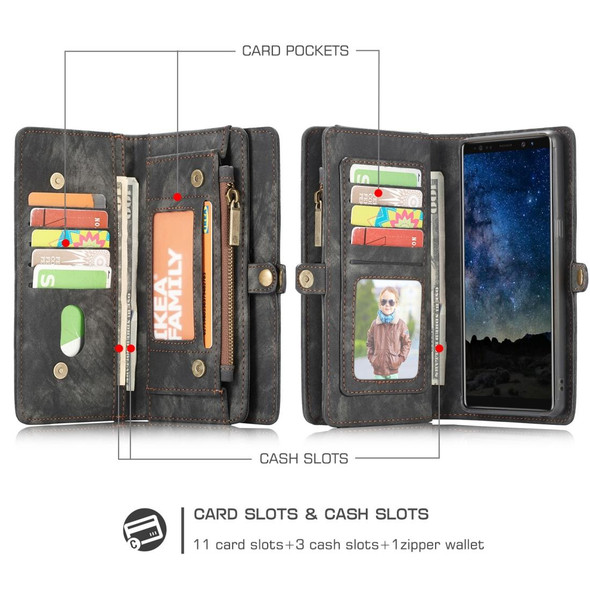 CaseMe-008 Detachable Multifunctional Horizontal Flip Leatherette Case for Galaxy Note9, with Card Slot & Holder & Zipper Wallet & Photo Frame(Black)