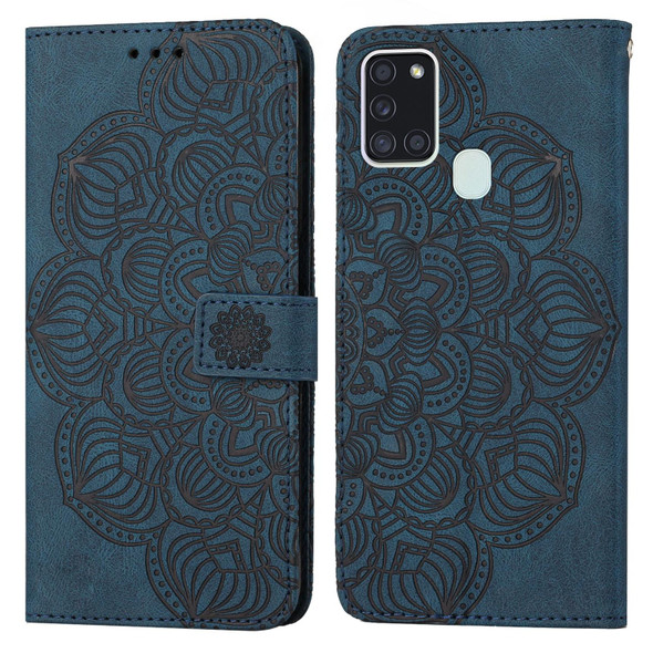 Samsung Galaxy A21s Mandala Embossed Flip Leather Phone Case(Blue)