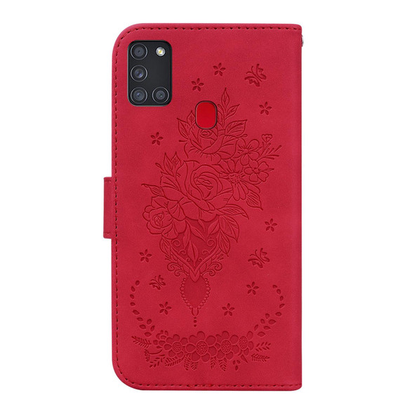 Samsung Galaxy A21s Butterfly Rose Embossed Leather Phone Case(Red)