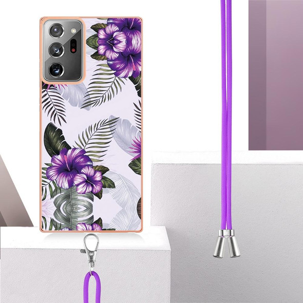 Samsung Galaxy Note20 Ultra Electroplating IMD TPU Phone Case with Lanyard(Purple Flower)